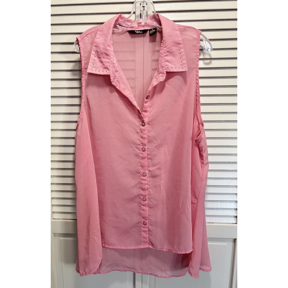 Gold Drama Pink Sheer Chiffon Sleeveless Studs Button Up Blouse Size 3XL